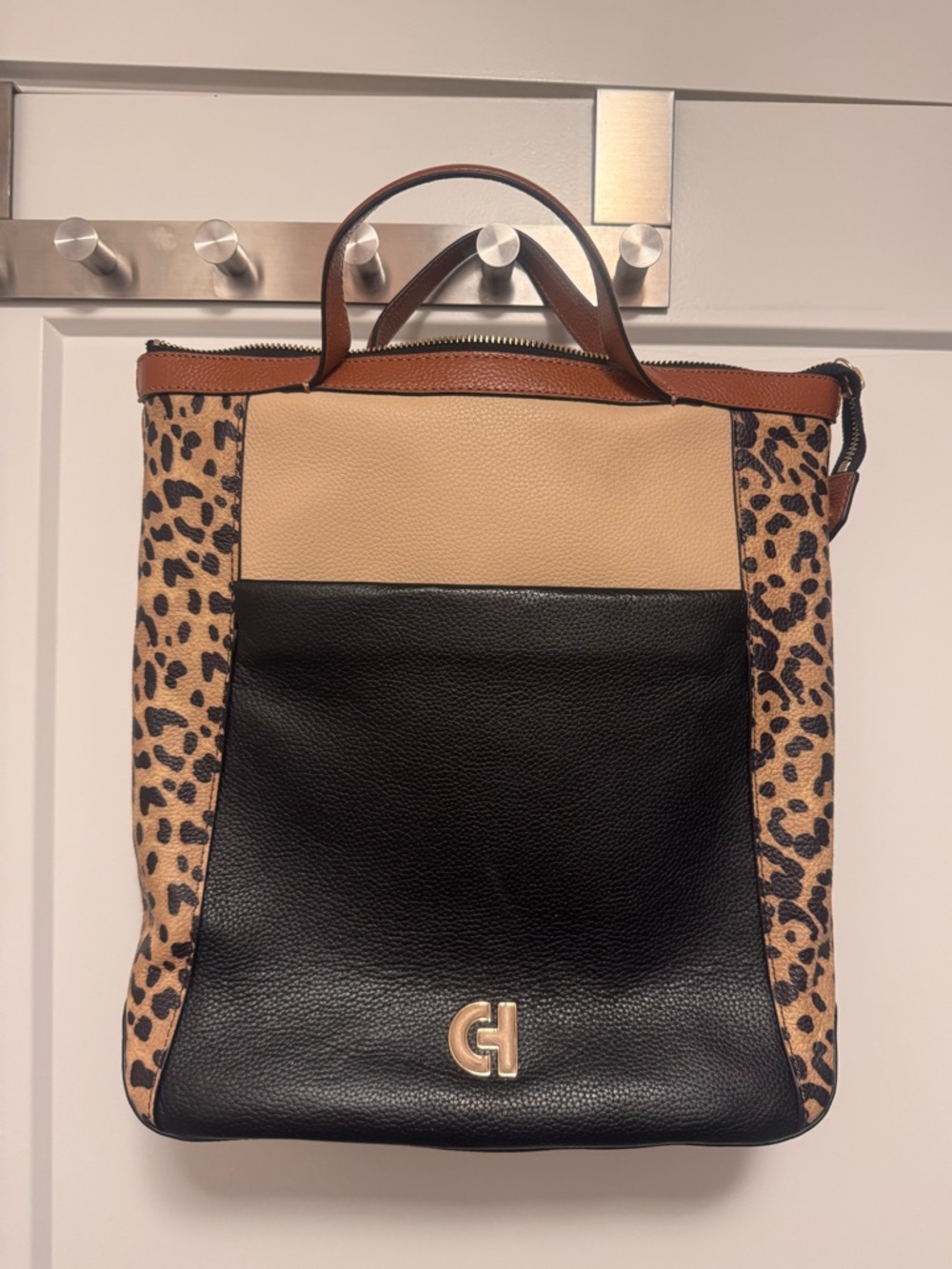 Cole Haan Black and Leopard Print Backpack